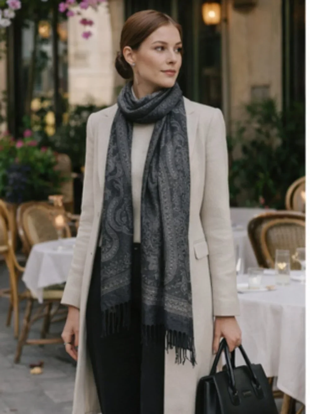 Wrap Yourself in Elegance: Black & Silver Paisley Patterned Scarf/Shawl
